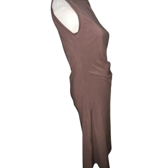 OGL Mockneck Tucks Midi Dress Sz Medium Womens Brown Sleeveless Stretchy Ruched - Picture 14 of 16